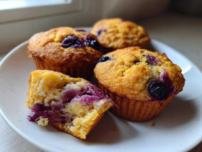 Four golden-brown blueberry protein muffins on a white plate, one cut open showing the moist interior.