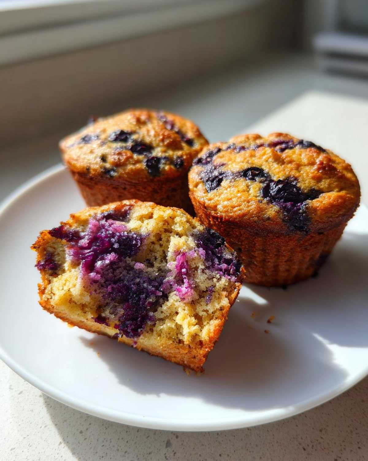 Three golden-brown blueberry protein muffins, one sliced open showing the moist interior.