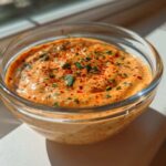 Close-up of a rich, orange-hued remoulade sauce topped with chopped herbs and paprika in a clear glass bowl.