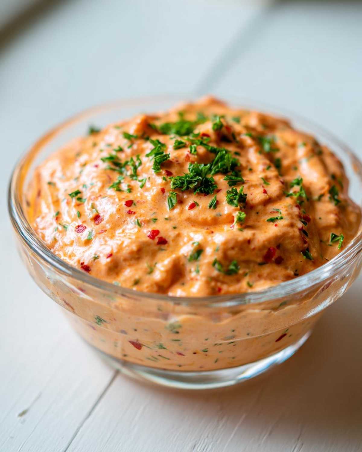 A close-up of thick, orange-hued remoulade sauce speckled with red pepper flakes and topped with fresh parsley in a clear glass bowl.