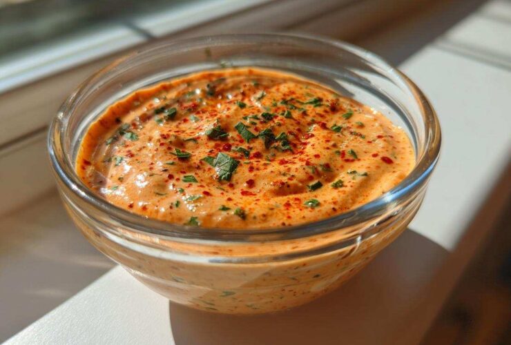 Close-up of a rich, orange-hued remoulade sauce topped with chopped herbs and paprika in a clear glass bowl.