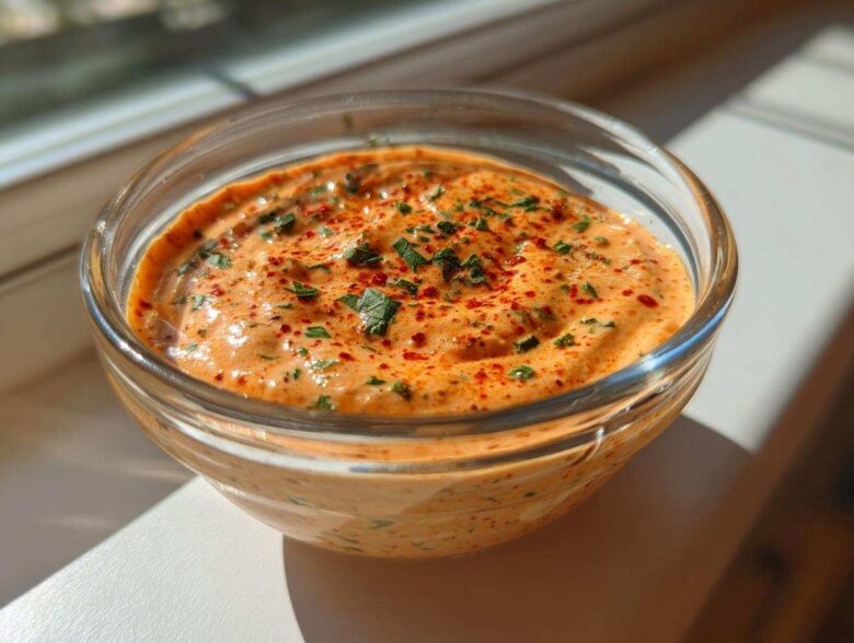 Close-up of a rich, orange-hued remoulade sauce topped with chopped herbs and paprika in a clear glass bowl.