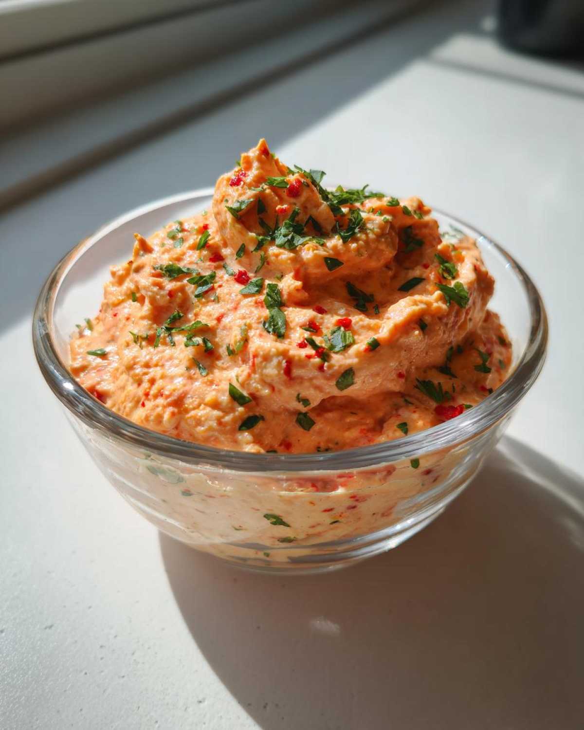 A small glass bowl filled with a thick, orange-hued remoulade sauce, topped with chopped parsley and red pepper flakes.