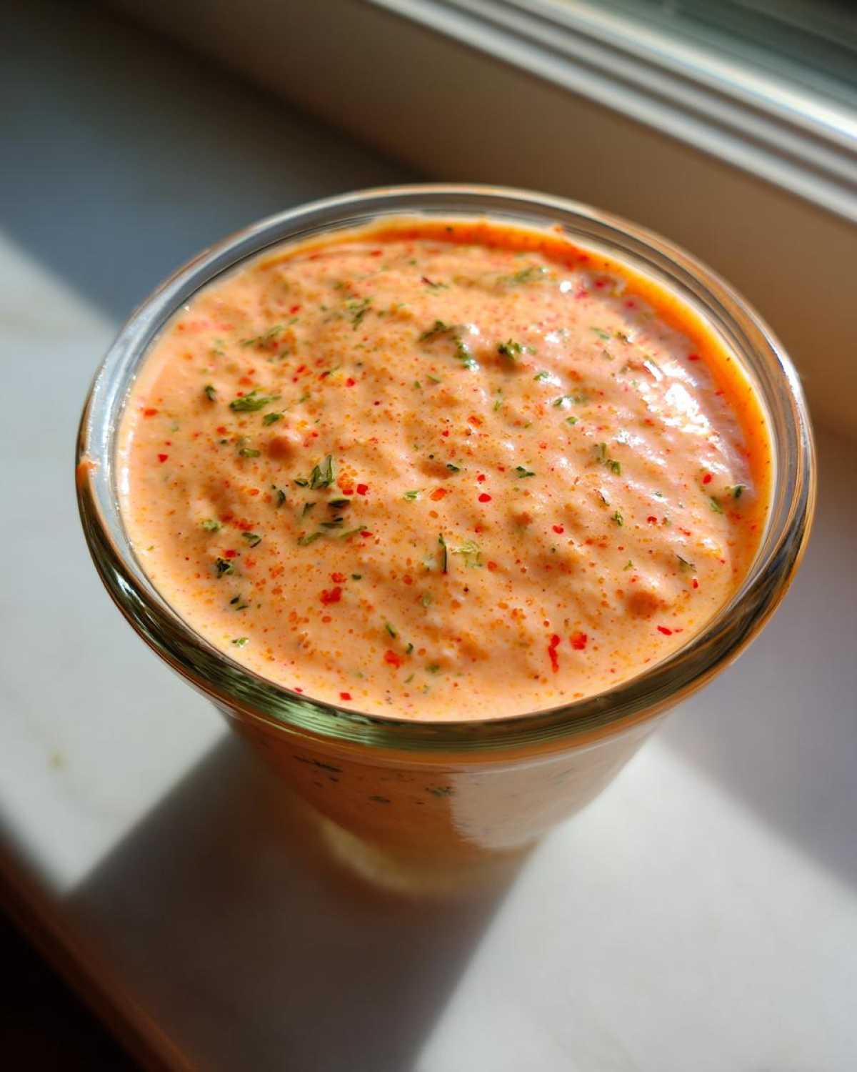 Overhead close-up of a creamy, orange-hued remoulade sauce topped with red spice flecks and green herbs in a clear glass.