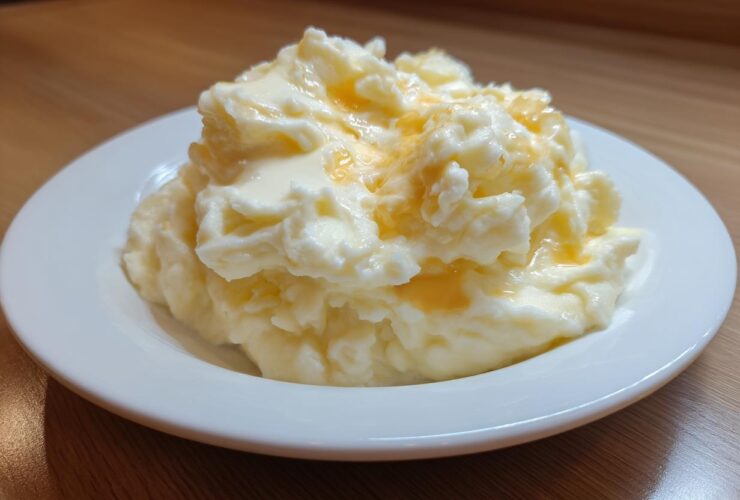 A serving of fluffy Boursin mashed potatoes topped with melted butter on a white plate.