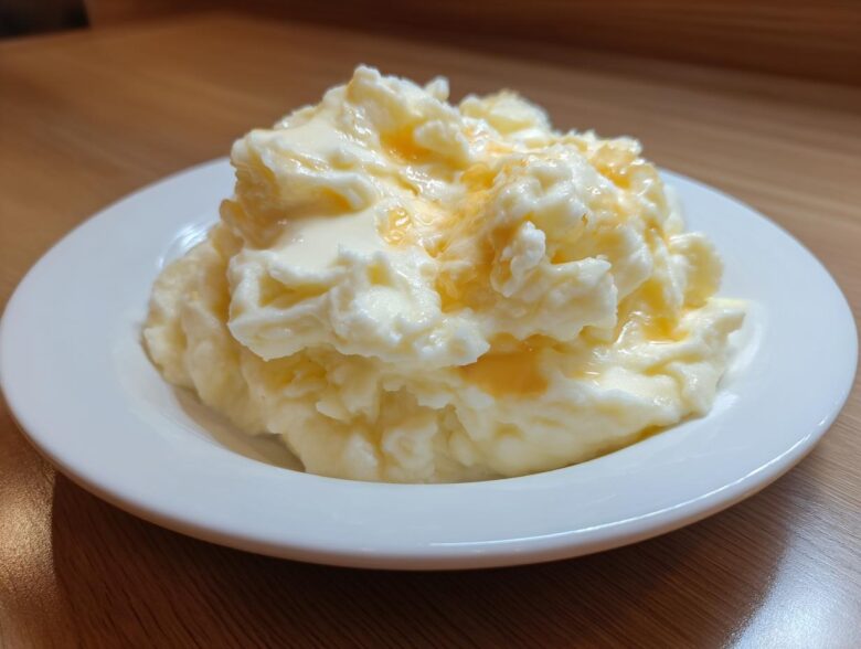 A serving of fluffy Boursin mashed potatoes topped with melted butter on a white plate.