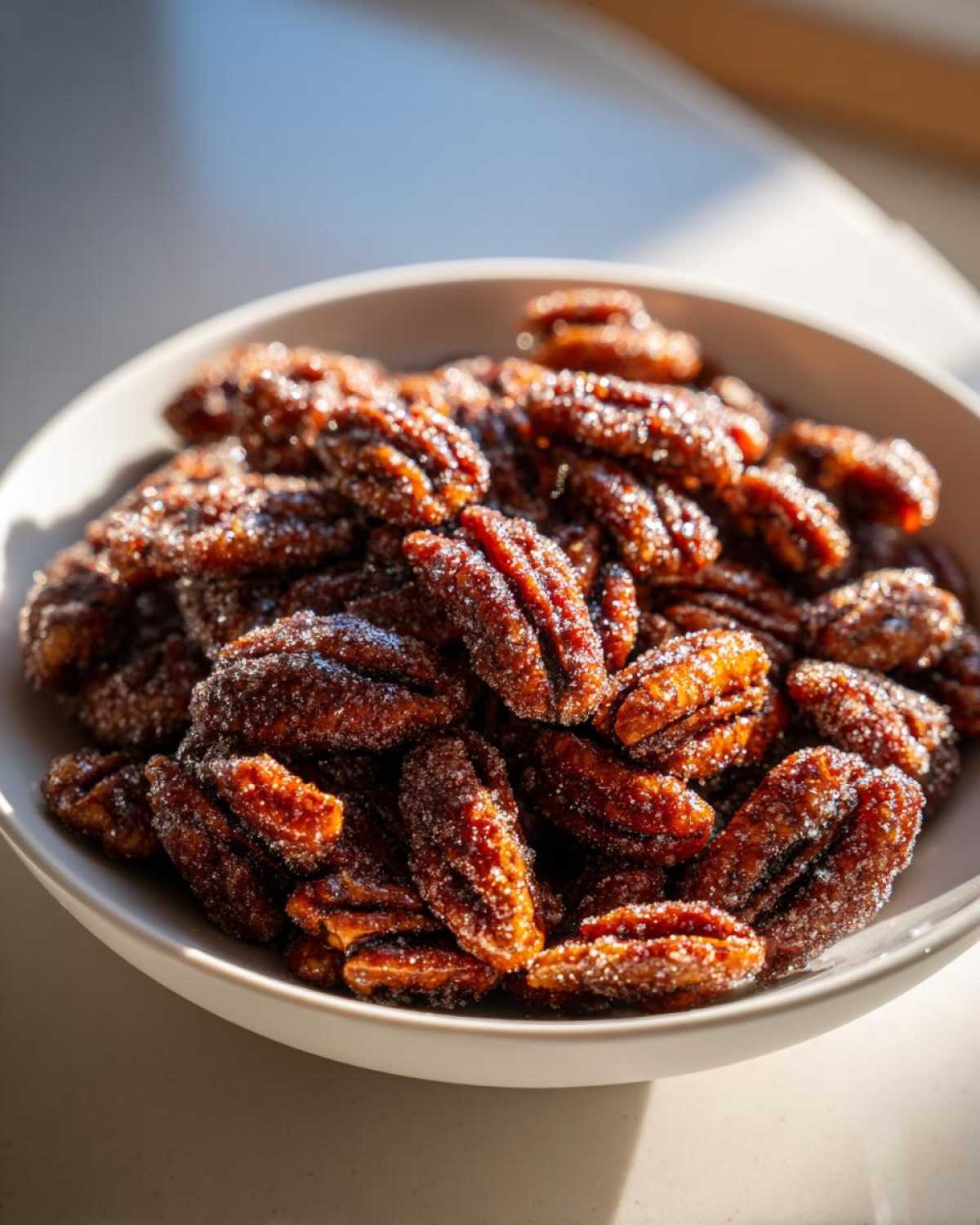 Close-up of a white bowl filled with glistening, sugary candied pecans, highlighted by sunlight.