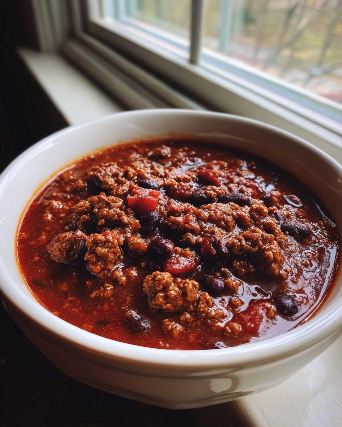 Close-up of a rich, deep red bowl of chili with ground meat and beans, perfect for the best chili recipe.