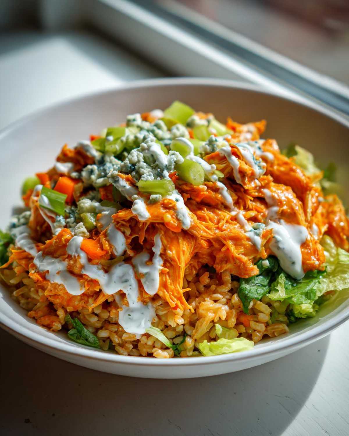 Close-up of a delicious buffalo chicken bowl featuring shredded orange buffalo chicken over rice, topped with blue cheese crumbles and ranch dressing.