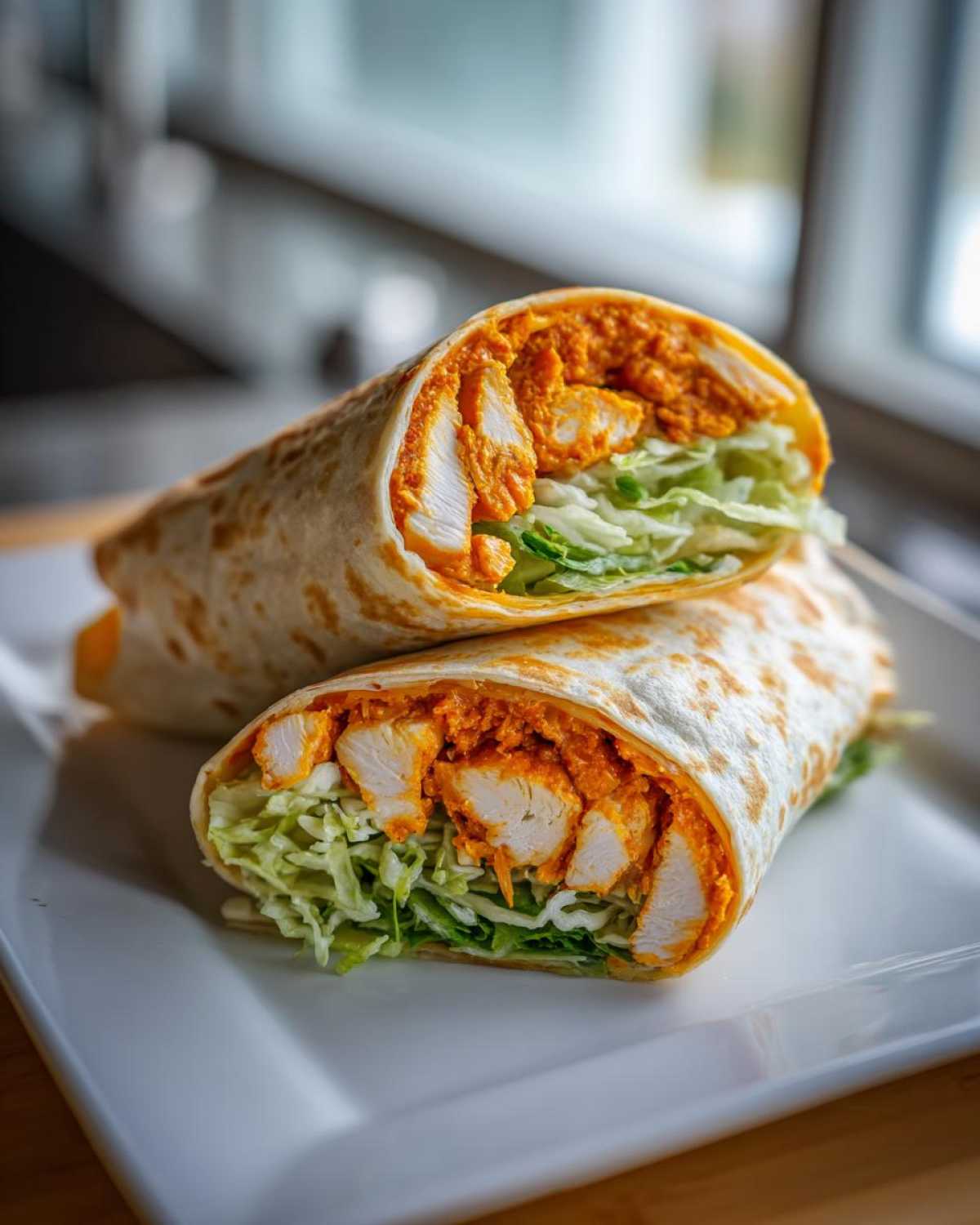 Close-up of a buffalo chicken wrap cut in half, showing chunks of white chicken coated in orange buffalo sauce and shredded lettuce.