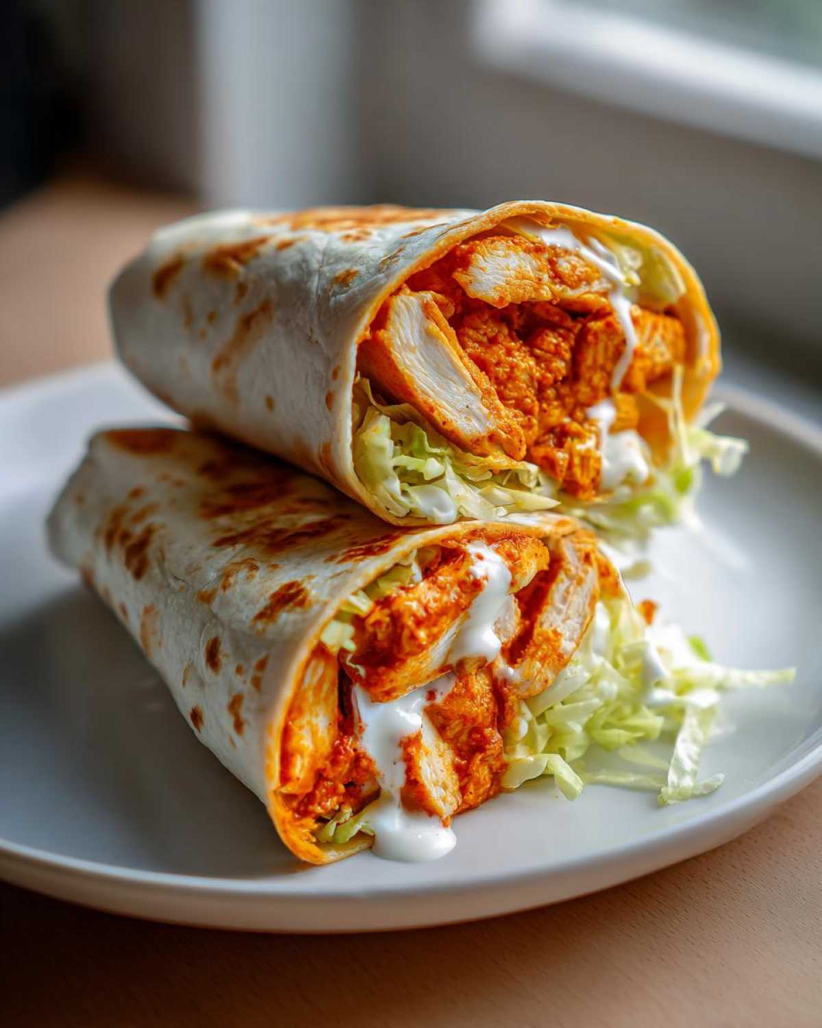 Two halves of a buffalo chicken wrap stacked, showing spicy chicken, lettuce, and ranch dressing inside a toasted tortilla.