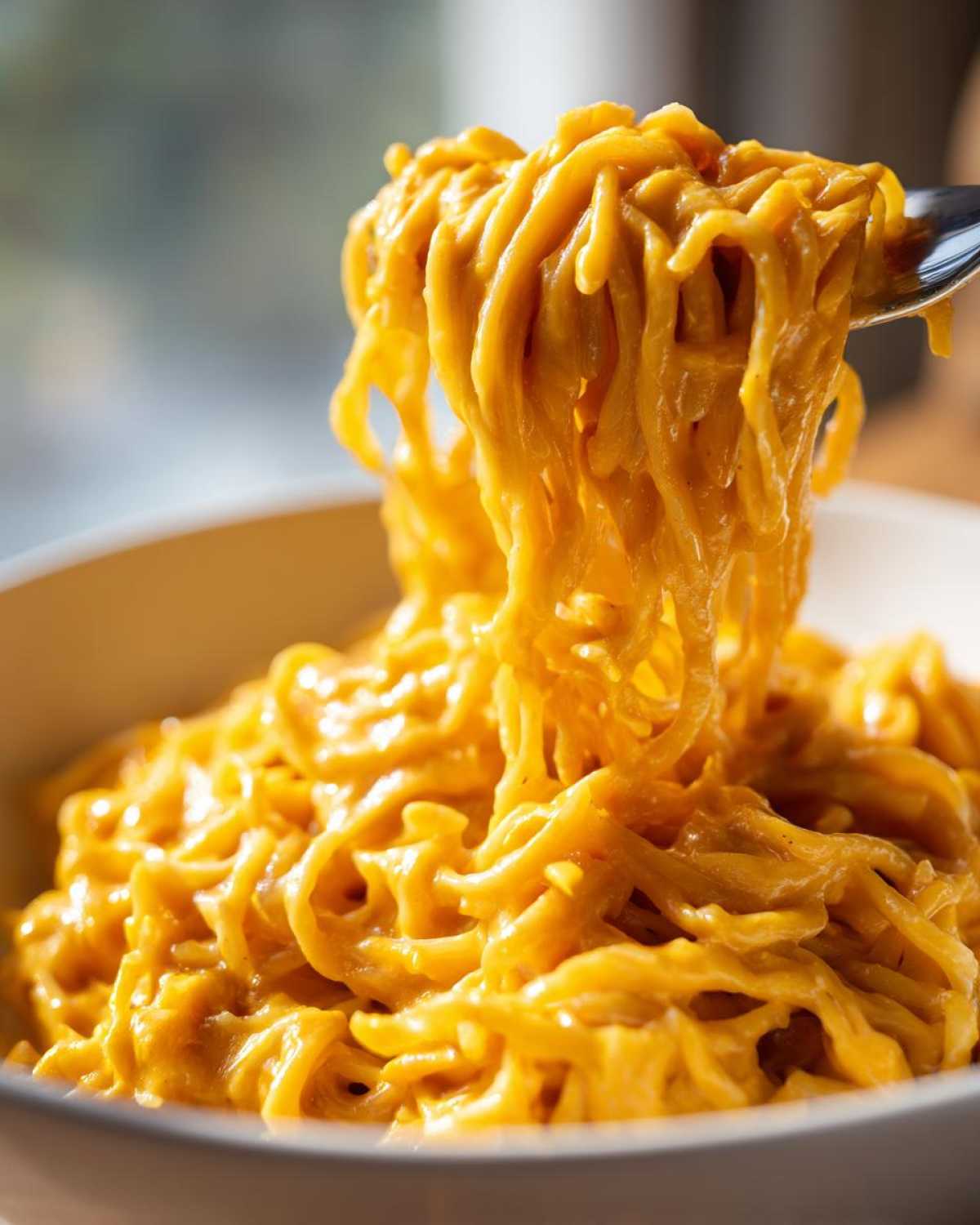 Close-up of spaghetti noodles coated thickly in bright orange butternut squash pasta sauce being lifted by a fork.