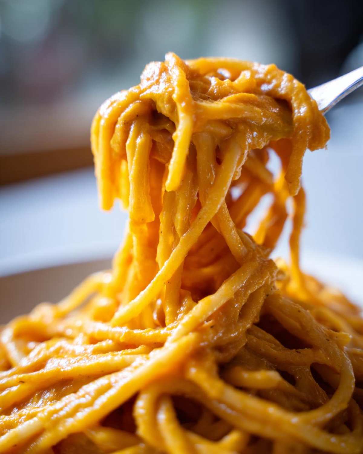 A fork lifting a generous portion of spaghetti coated thickly in creamy, orange butternut squash pasta sauce.