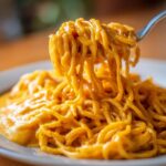 Close-up of spaghetti coated in rich, orange butternut squash pasta sauce being lifted by a fork.