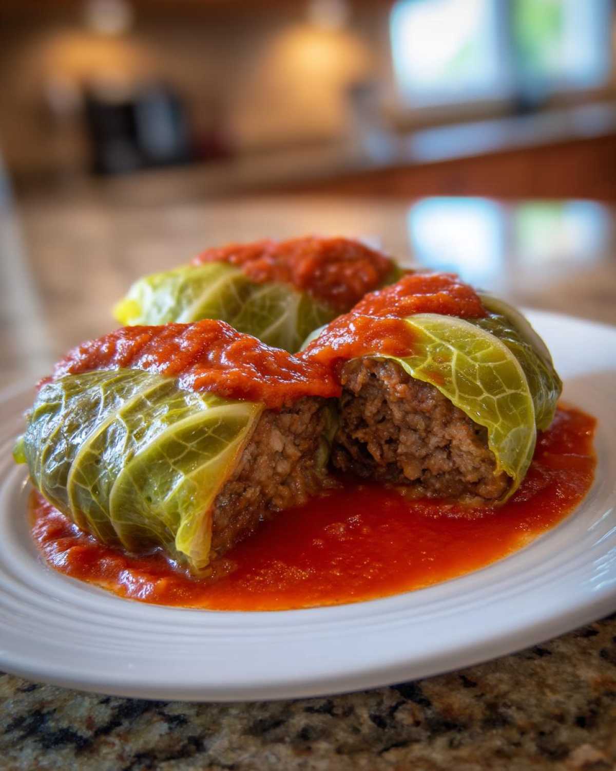 Three homemade cabbage rolls stuffed with meat and rice, smothered in rich tomato sauce, served on a white plate.
