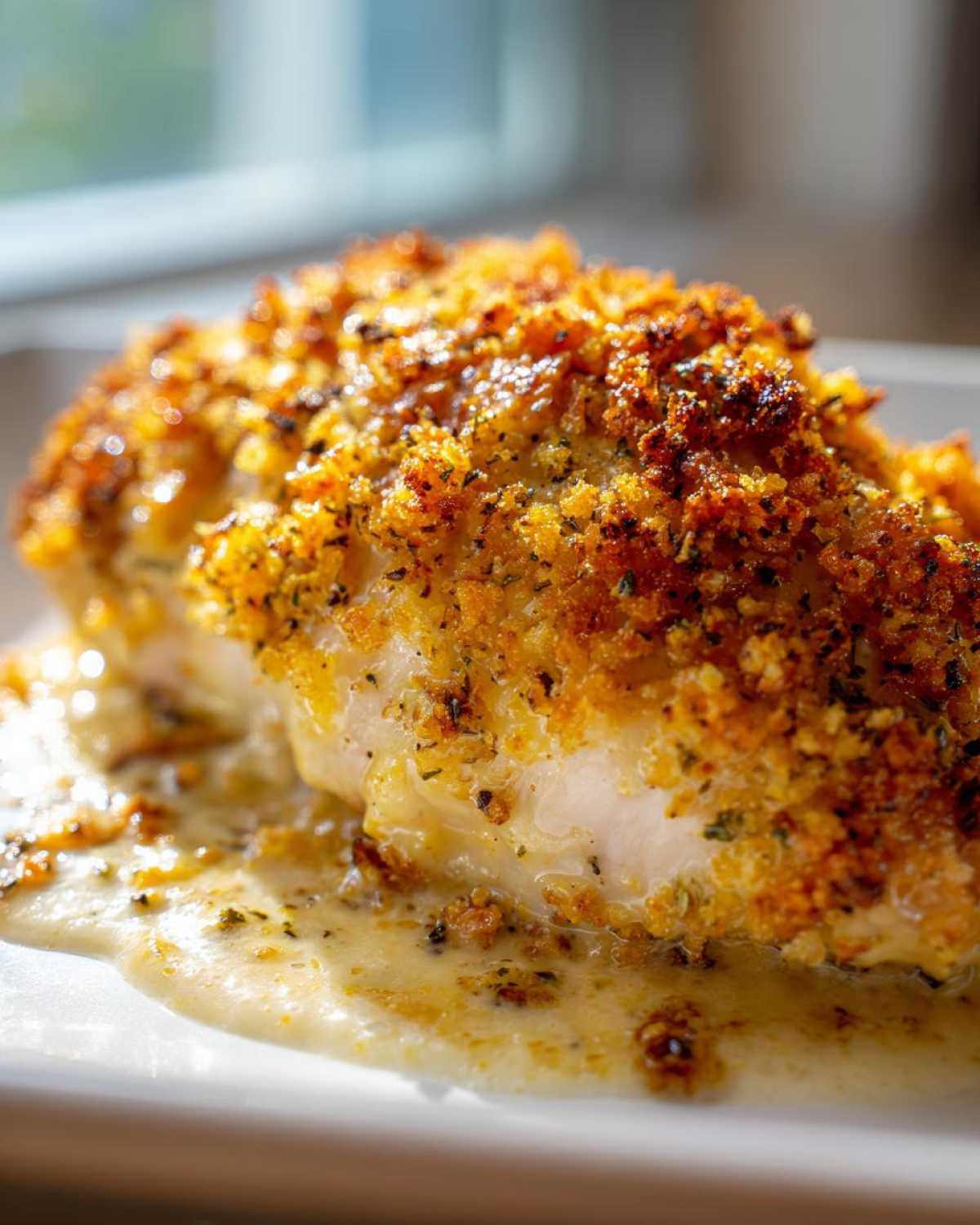 Close-up of a juicy caesar chicken breast with a golden, crispy herb crust, sitting in a creamy sauce.