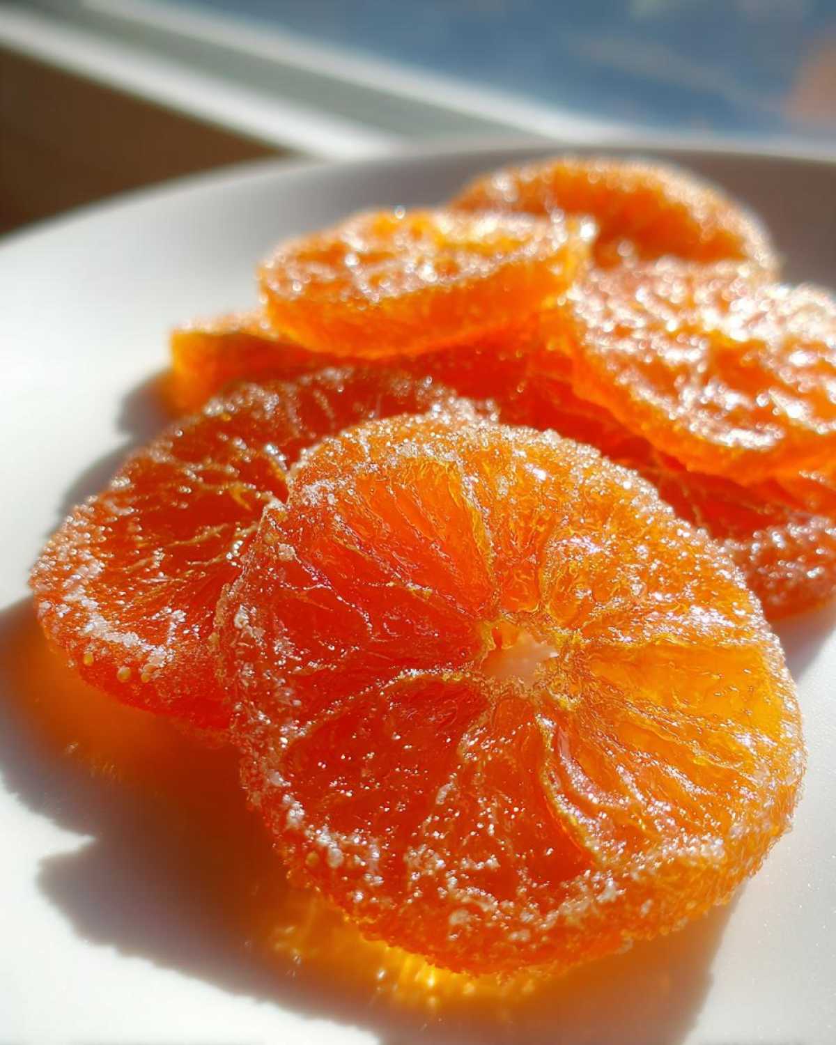 Close-up of vibrant, glistening candied orange slices coated in sugar, sitting on a white plate.