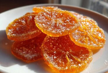 A pile of glistening, bright orange candied orange slices coated in sparkling sugar crystals.
