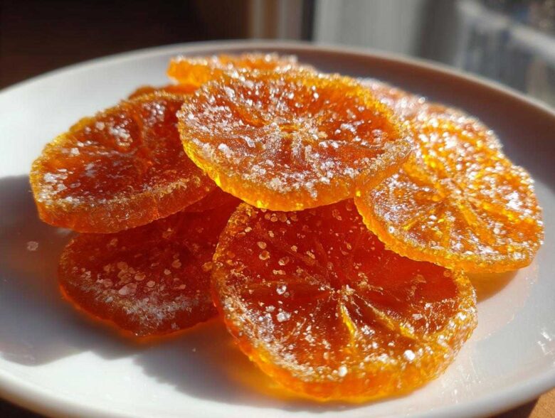 A pile of glistening, bright orange candied orange slices coated in sparkling sugar crystals.