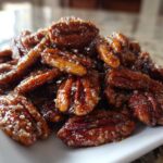 A close-up shot of a pile of glossy, brown candied pecans coated in sugar crystals.
