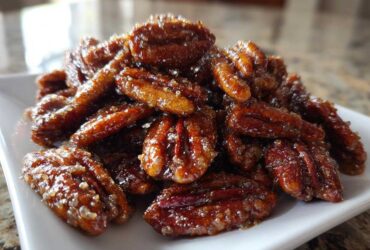A close-up shot of a pile of glossy, brown candied pecans coated in sugar crystals.