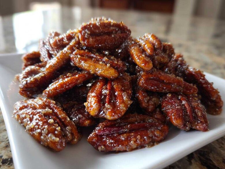 A close-up shot of a pile of glossy, brown candied pecans coated in sugar crystals.