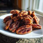 A close-up, sunlit photo of a pile of glistening candied pecans coated in sugar on a small white plate.