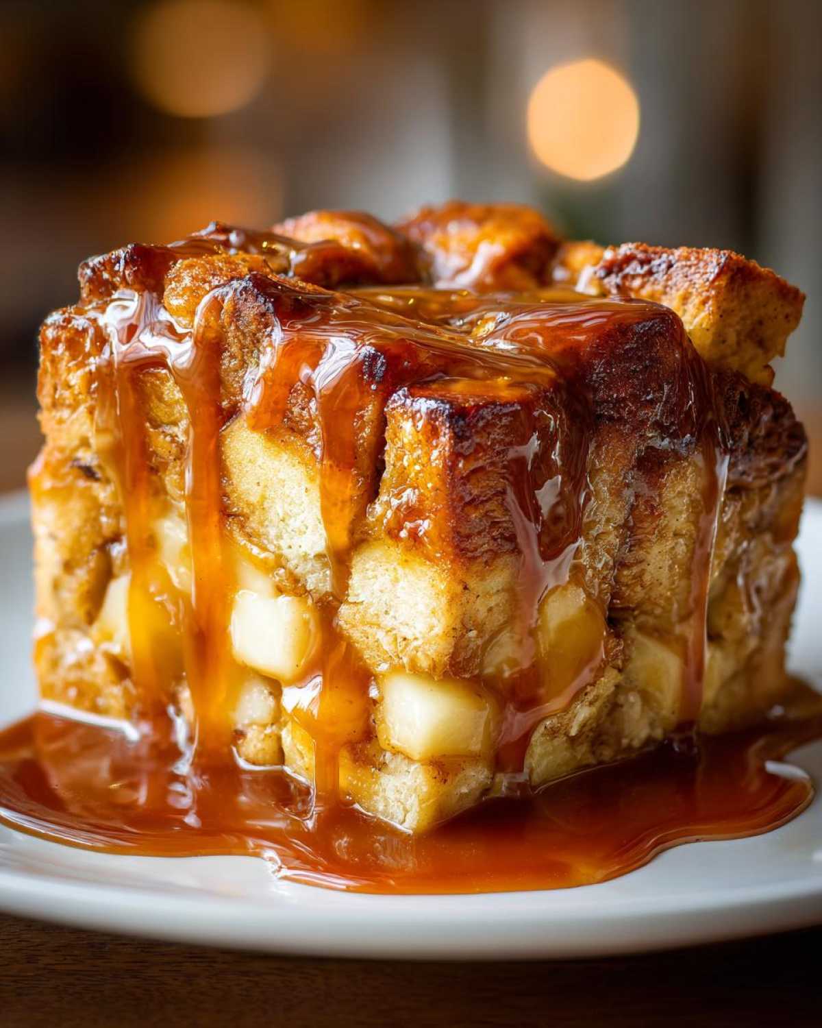 Close-up of a square serving of apple bread pudding drenched in thick caramel sauce.