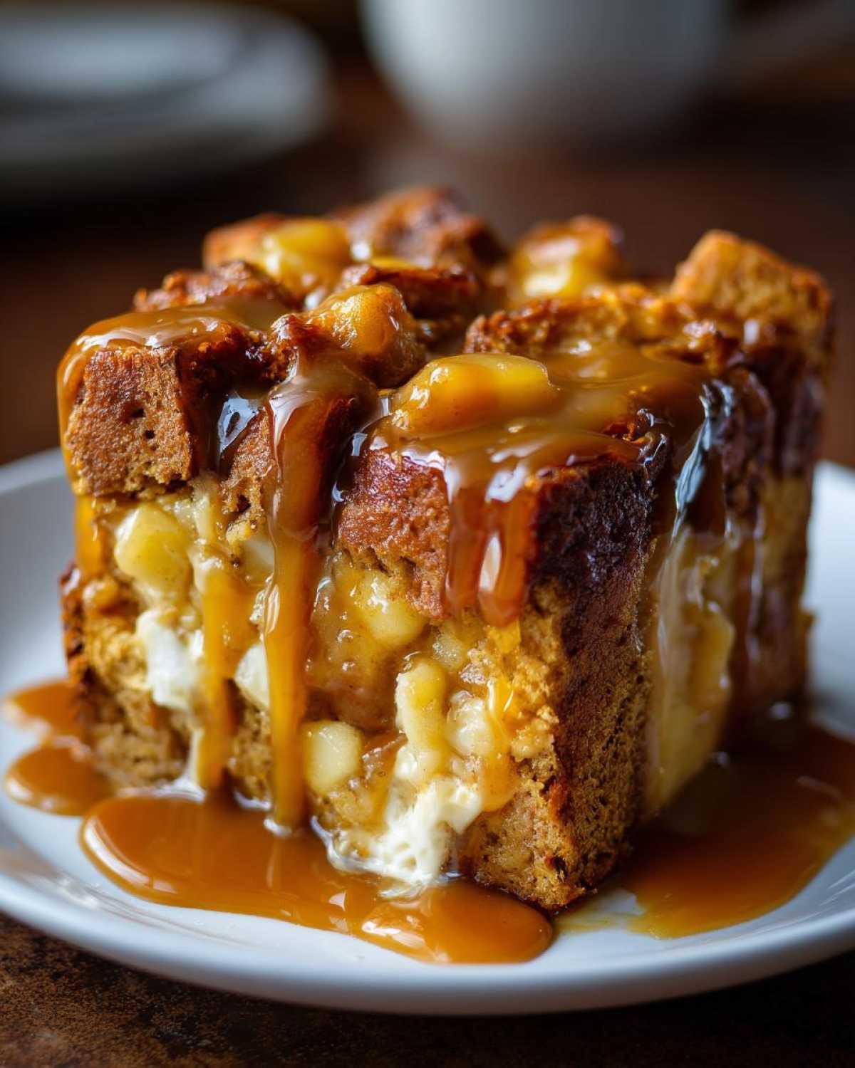A decadent slice of apple bread pudding topped with chunks of cooked apple and generously drizzled with caramel sauce.