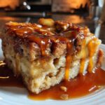 A close-up of a square serving of rich apple bread pudding topped and dripping with thick caramel sauce.