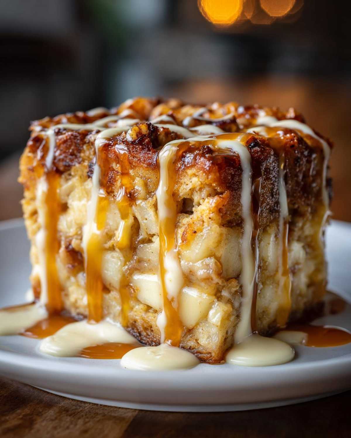 A rich, square slice of apple bread pudding drizzled heavily with caramel and vanilla glaze.