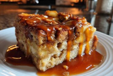 A close-up of a square serving of rich apple bread pudding topped and dripping with thick caramel sauce.