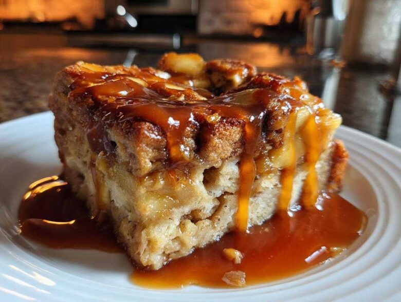 A close-up of a square serving of rich apple bread pudding topped and dripping with thick caramel sauce.