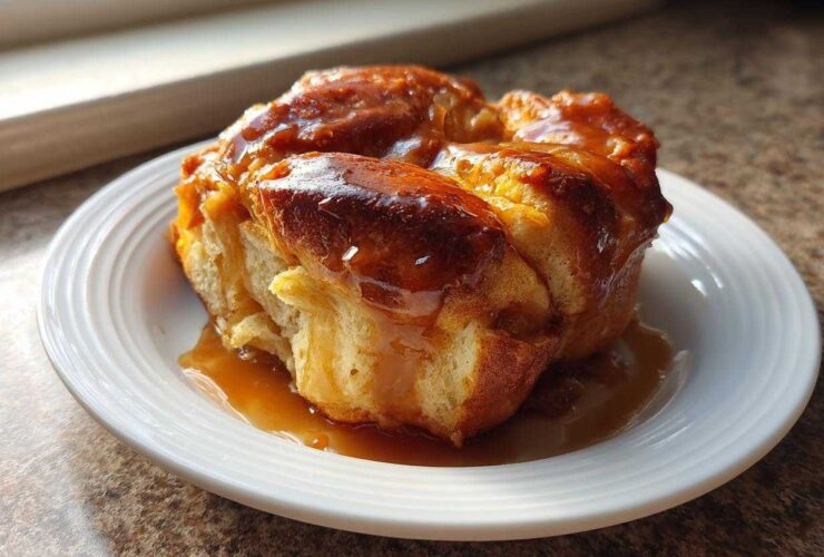 A single, golden brown apple dumpling covered in shiny caramel sauce, served on a white plate.