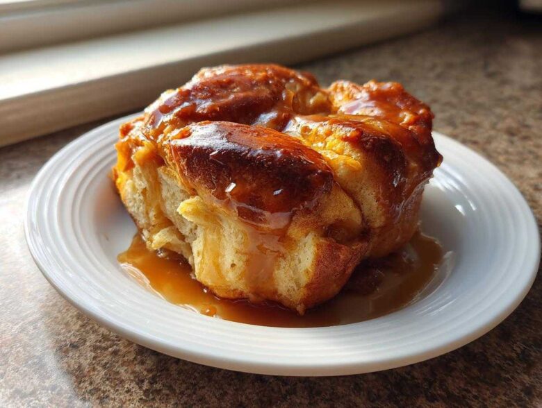 A single, golden brown apple dumpling covered in shiny caramel sauce, served on a white plate.