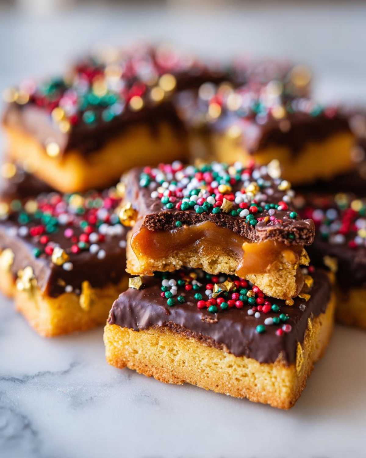 Close-up of caramel ritz cracker christmas cookies, showing a gooey caramel layer between the base and chocolate topping with sprinkles.