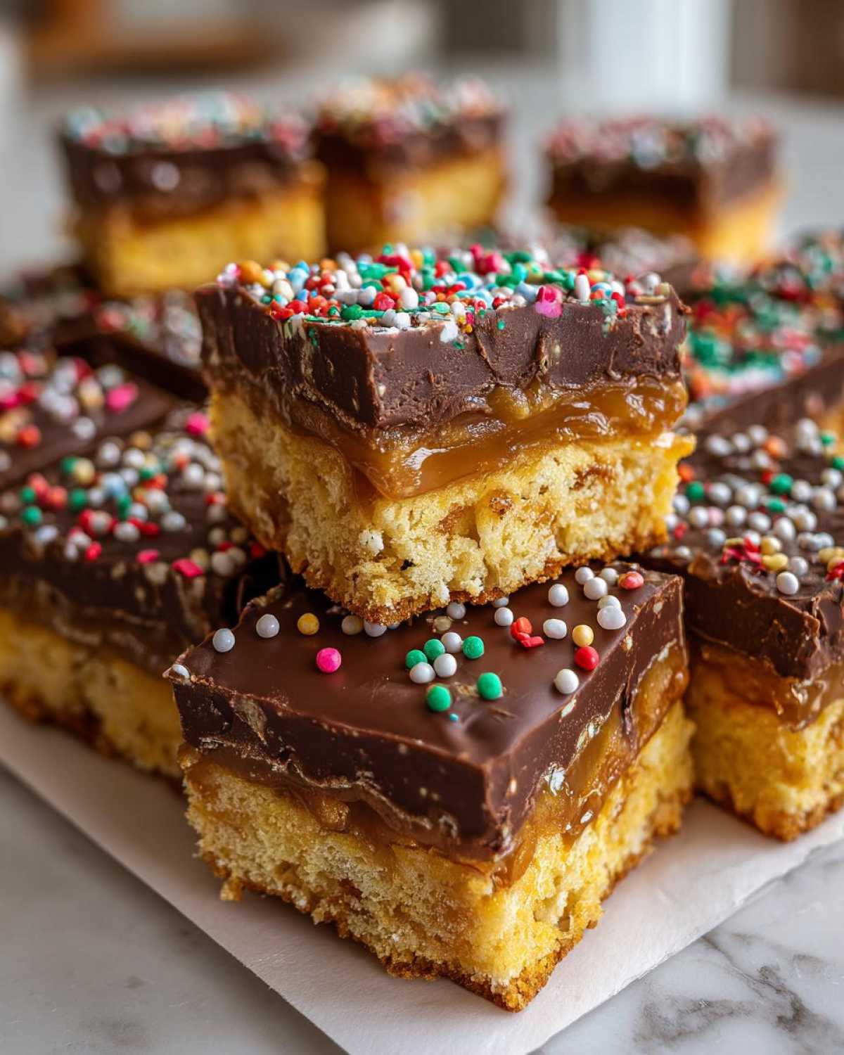 Close-up of stacked caramel ritz cracker christmas cookies with chocolate topping and colorful sprinkles.