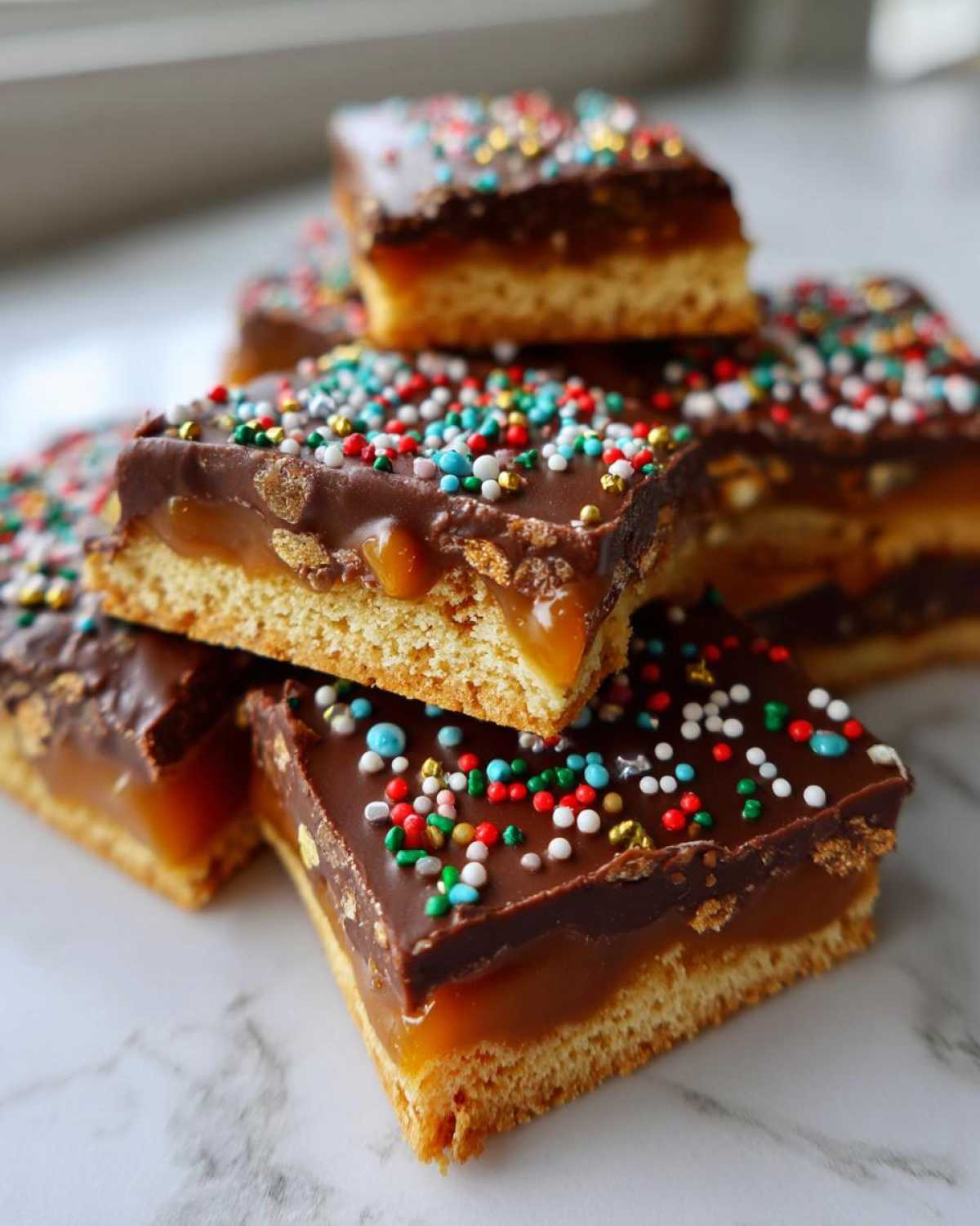 A stack of rich caramel ritz cracker christmas cookies topped with chocolate and colorful sprinkles.