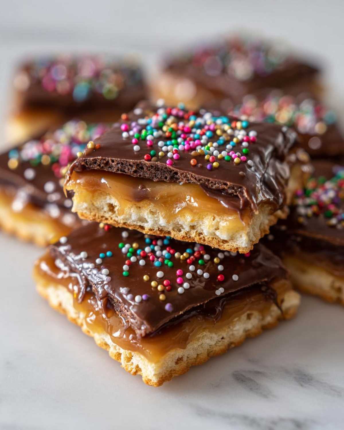 Close-up of stacked caramel ritz cracker christmas cookies topped with chocolate and colorful sprinkles.