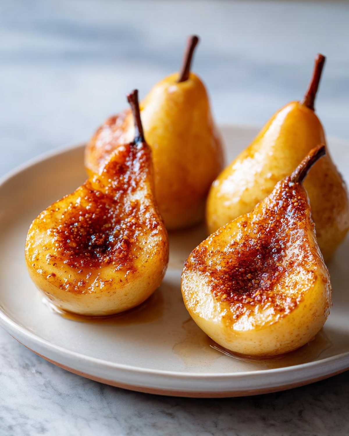 Close-up of two halves of baked pears with caramelized, sugary tops served on a light plate.