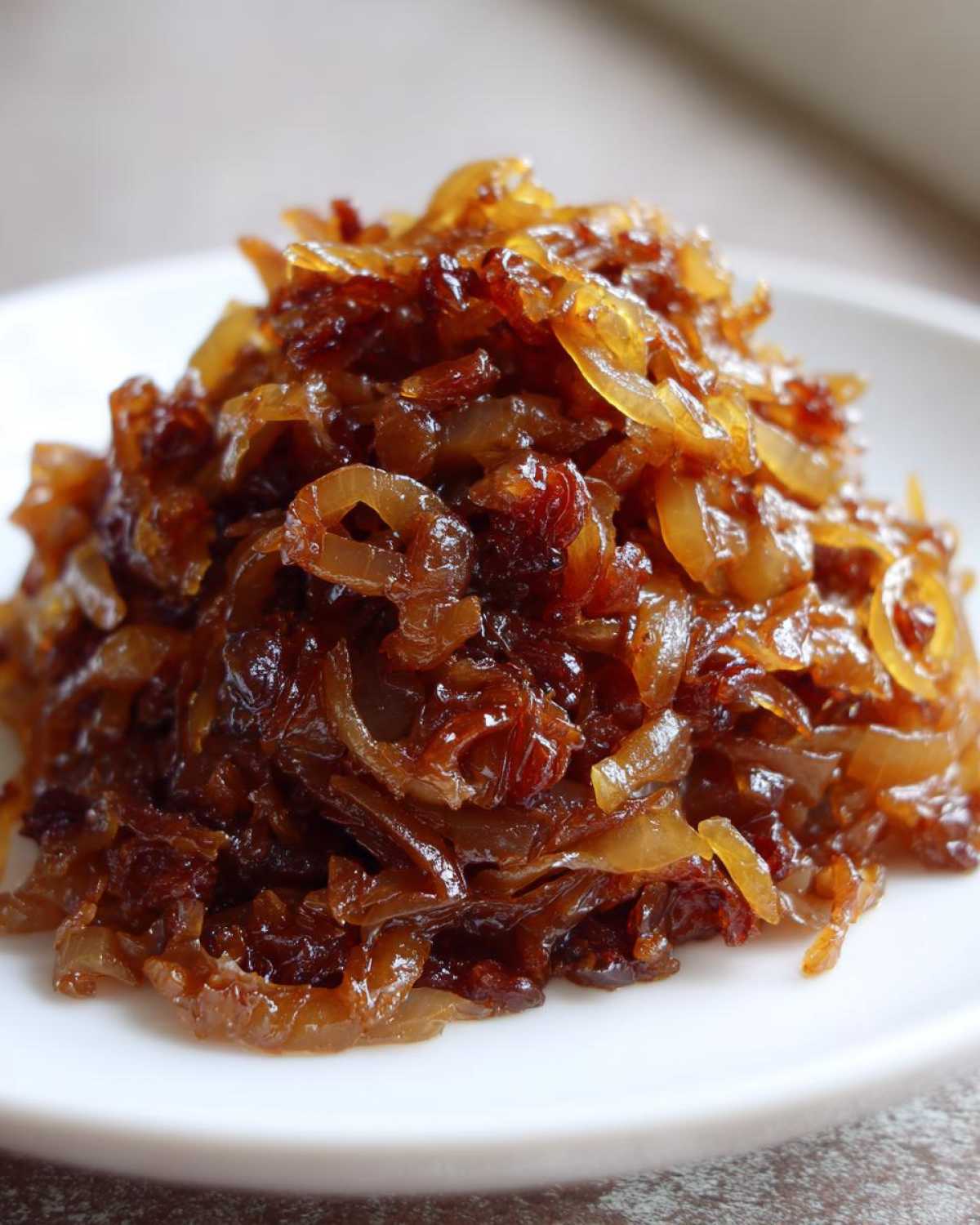 Close-up of a mound of deeply browned and glossy caramelized onions served on a white plate.