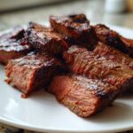 Close-up of medium-rare steak slices, likely carne asada, showing juicy interior after using the best carne asada marinade.