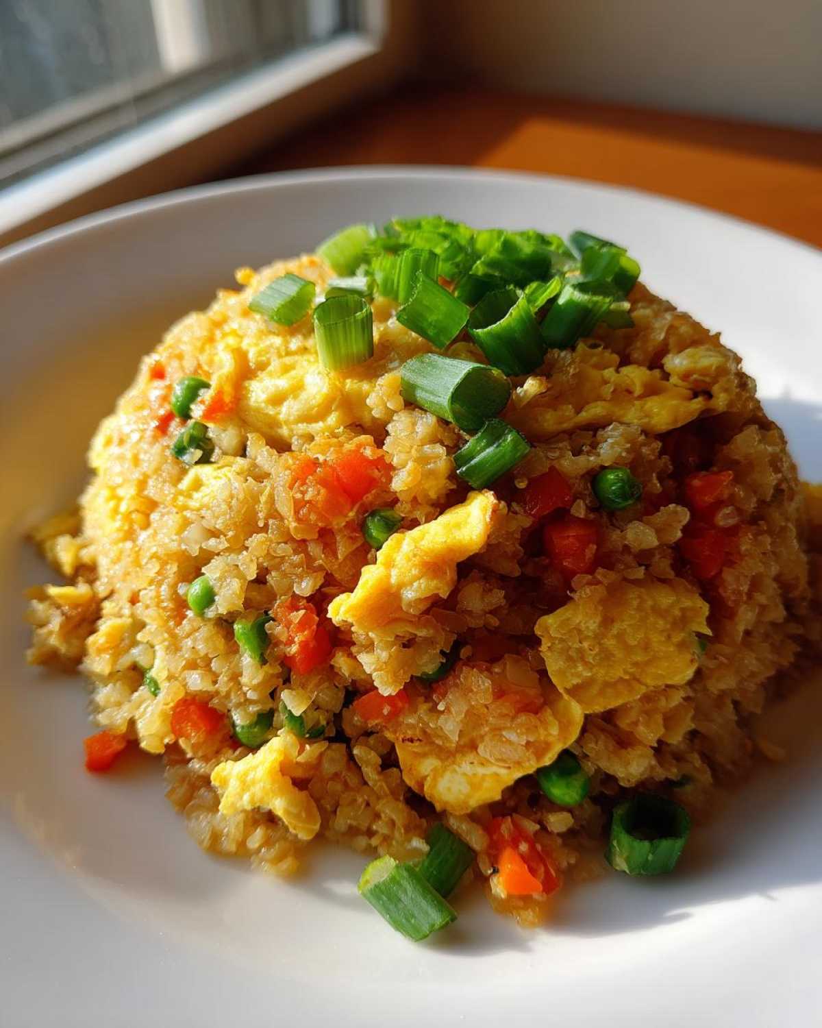 A mound of golden cauliflower fried rice mixed with eggs and vegetables, topped with fresh green onions.