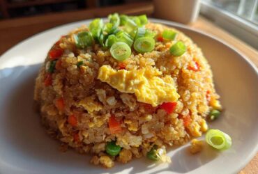 A beautifully plated mound of cauliflower fried rice mixed with scrambled egg, carrots, and peas, topped with fresh green onions.