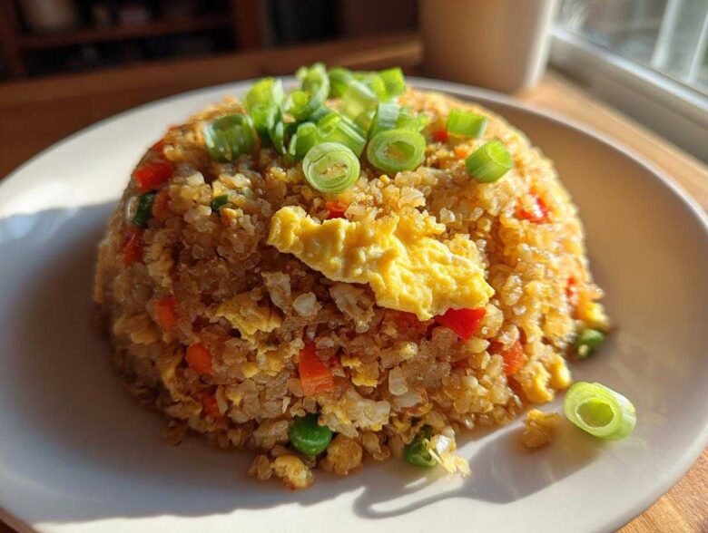 A beautifully plated mound of cauliflower fried rice mixed with scrambled egg, carrots, and peas, topped with fresh green onions.
