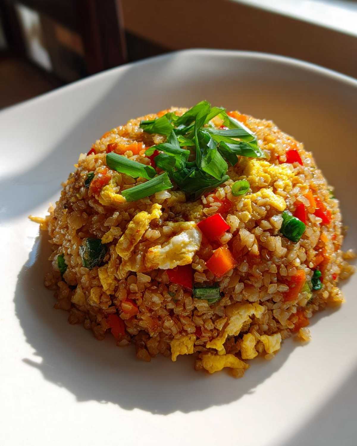 A perfectly mounded serving of colorful cauliflower fried rice, topped with fresh green onions.