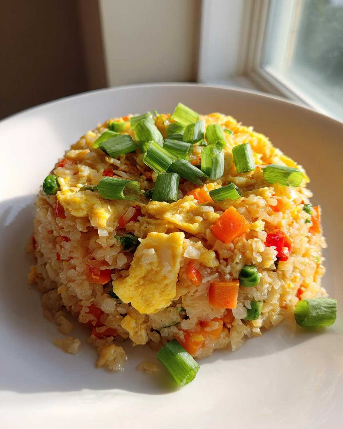 A perfectly molded serving of cauliflower fried rice mixed with egg and vegetables, topped with fresh green onions.