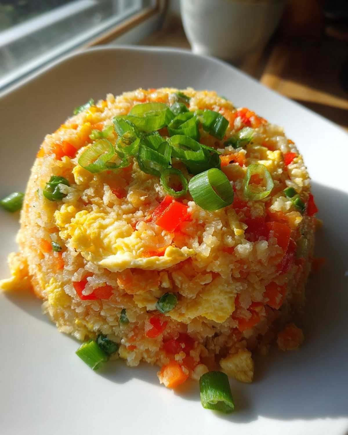 A molded serving of cauliflower fried rice mixed with egg and diced vegetables, topped with fresh green scallions.