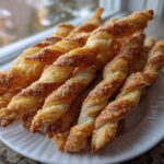 A pile of flaky, golden-brown cheese straws recipe twists stacked on a white plate near a window.