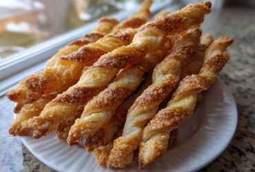 A pile of flaky, golden-brown cheese straws recipe twists stacked on a white plate near a window.